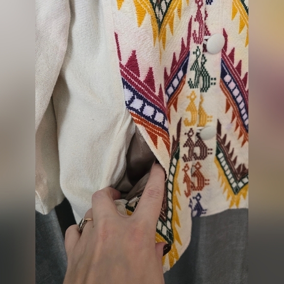 70s Mexican Linen Tapestry Jacket Womens Size M Aztec Chevron - Picture 3 of 6